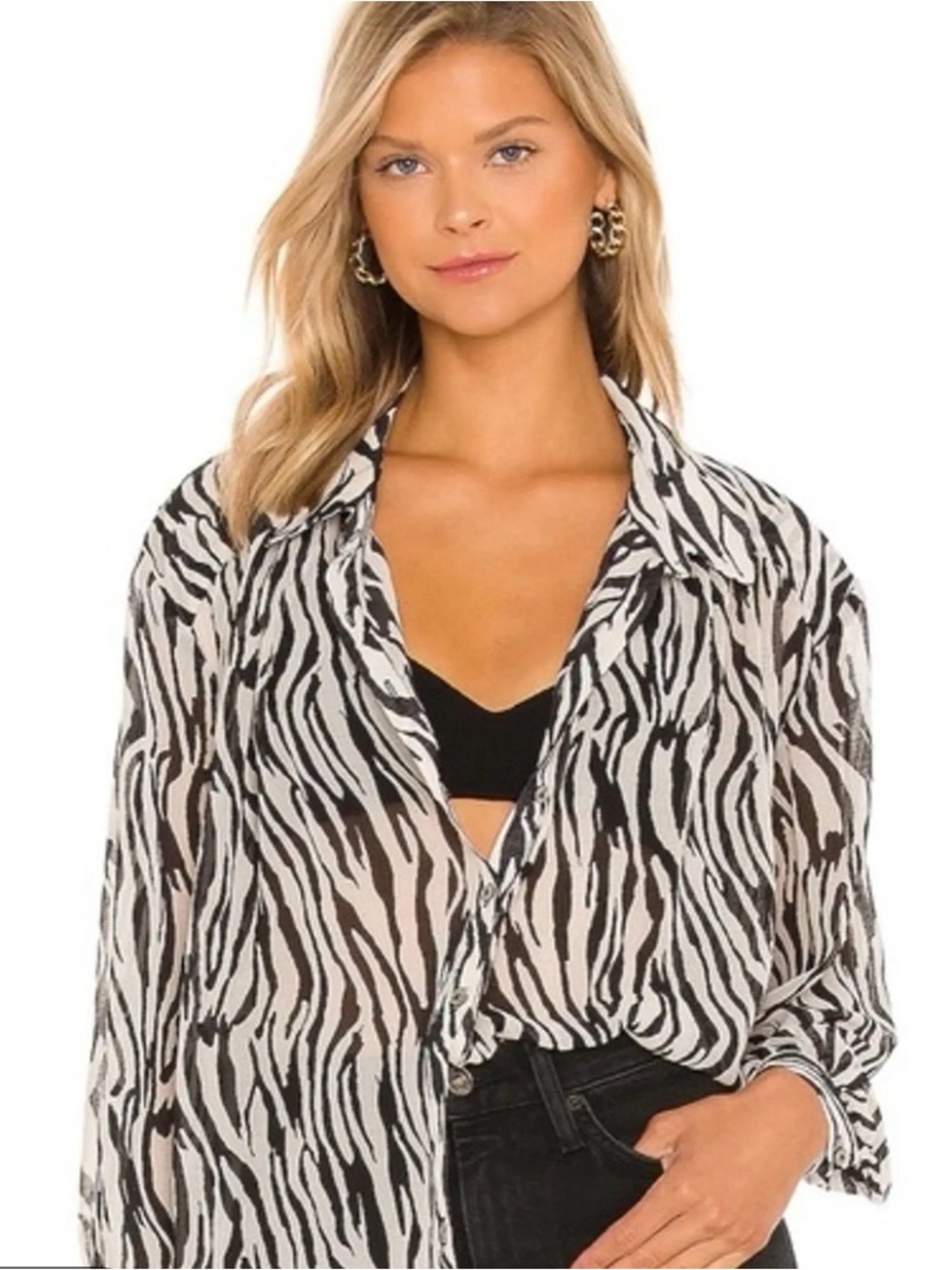 Free People Ciara zebra print Black & White Zebra-Print Sheer Button Shirt 0251